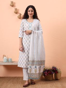 Yufta - Women Off White Cotton Printed Round Neck Kurta with Pant and Dupatta (Set of 3)