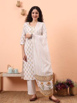 Yufta - Women Yellow Cotton Printed Round Neck Kurta with Pant and Dupatta (Set of 3)