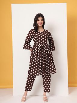 Yufta - Women Brown Cotton Polka Dots Round Neck Kurta with Pant (Set of 2)