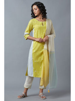 W - Yellow Geometric Kurta Slim Pants and Dupatta (Set of 3)