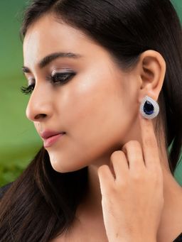Saraf RS Jewellery - Rose Gold Toned Blue Sapphire Studded Teardrop Statement Studs Earrings