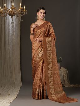 Akhilam - Womens Silk Blend Peach Woven Design Designer Saree with Unstitched Blouse