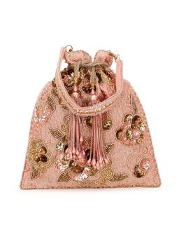 Anekaant - Dangle Dusky Pink and Gold Floral Embellished Faux Silk Potli