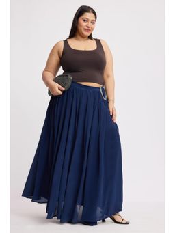 Virgio - Solid Navy Panelled Flared Plus Size Skirt