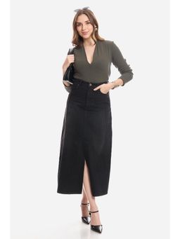 Virgio - Solid Cotton Denim Panelled Midi Skirt