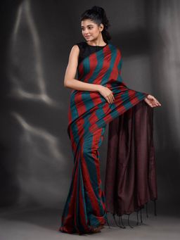 Arhi - Red And Teal Pure Cotton Handwoven Saree with Unstitched Blouse