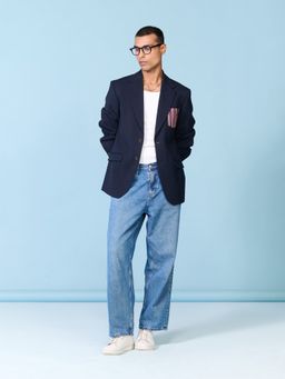 S&N by Shantnu Nikhil - Navy Blue Blazer with Striped Pocket