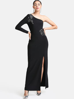 Kazo - Black Embellished One Shoulder Maxi Dress