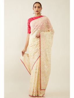 Soch - Women Beige Embroidered Saree with Unstitched Blouse