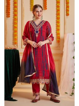 Heeposh - Red Printed Embroidered Kurta with Pant and Dupatta (Set of 3)