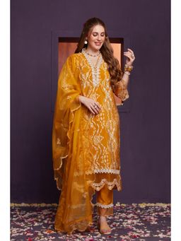 Heeposh - Yellow Floral Embroidered Kurta with Pant and Dupatta (Set of 3)