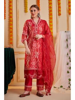 Heeposh - Red Floral Embroidered Kurta with Pant and Dupatta (Set of 3)