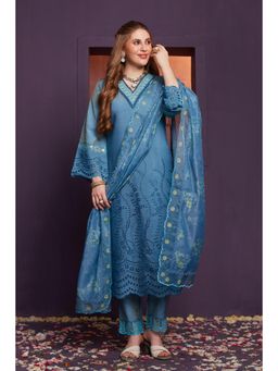 Heeposh - Blue Floral Embroidered Kurta with Pant and Dupatta (Set of 3)