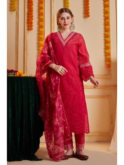 Heeposh - Pink Floral Embroidered Kurta with Pant and Dupatta (Set of 3)