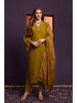 Heeposh - Olive Floral Embroidered Kurta with Pant and Dupatta (Set of 3)