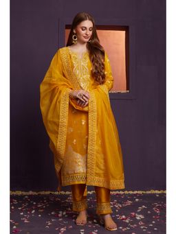 Heeposh - Yellow Floral Embroidered Kurta with Pant and Dupatta (Set of 3)