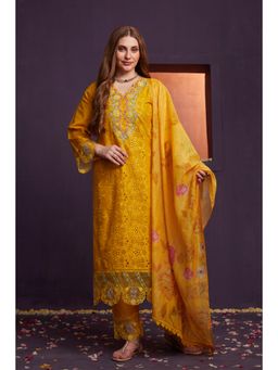 Heeposh - Yellow Floral Embroidered Kurta with Pant and Dupatta (Set of 3)