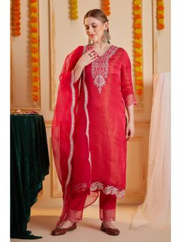 Heeposh - Red Embroidered Kurta with Pant and Dupatta (Set of 3)