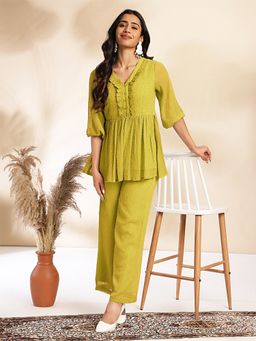 Janasya - Green Self Design Woven Tunic and Palazzo (Set of 2)