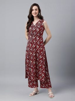 Janasya - Maroon Floral Printed Kurta and Palazzo (Set of 2)