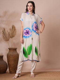FASHOR - Off White Floral Printed Kurta and Pant (Set of 2)