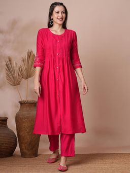 FASHOR - Pink Solid Embroidered Kurta and Pant (Set of 2)