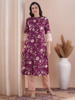 FASHOR - Purple Floral Printed Kurta and Pant (Set of 2)