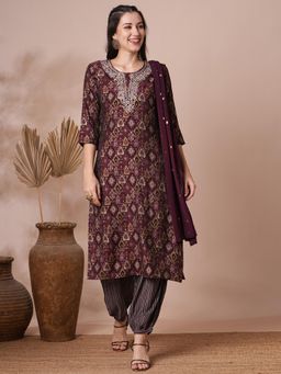 FASHOR - Mauve Printed Embroidered Kurta with Salwarand Dupatta (Set of 3)