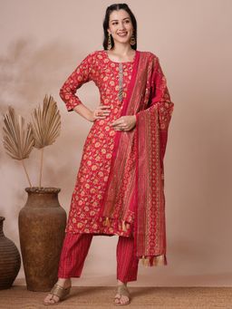 FASHOR - Red Floral Mirror Work Kurta with Pant and Dupatta (Set of 3)