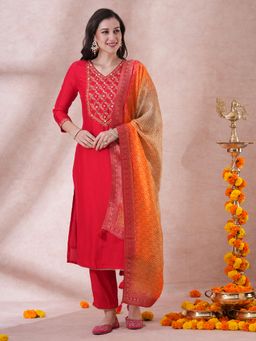 FASHOR - Red Embroidered Kurta with Pant and Dupatta (Set of 3)