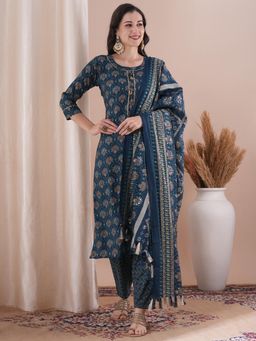 FASHOR - Teal Floral Printed Kurta with Pant and Dupatta (Set of 3)