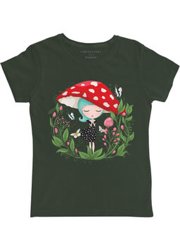 THREADCURRY - Mushroom Girl Graphic Printed T-Shirt - Olive