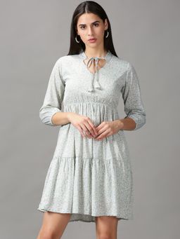 SHOWOFF - Womens Keyhole Neck Above Knee Sea Green Printed Dress