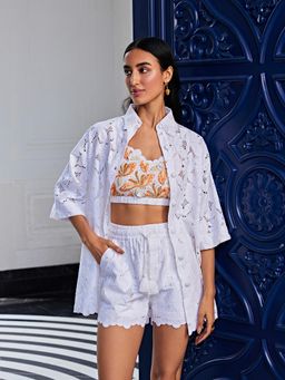 Kay Kay BY KKHUSHI SAHAII - Schiffli Embroidered Bralette with Shorts and Shirt (Set of 3)