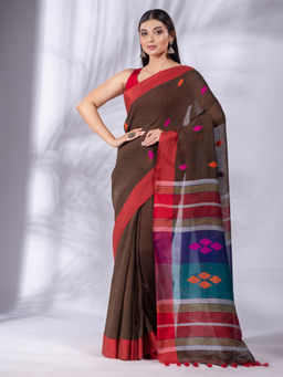 CHARUKRITI - Brown Linen Handwoven Soft Saree & Woven Design with Unstitched Blouse
