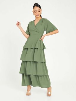 Styli - Green Short Sleeves Ruffle Detail A-line Maxi Dress