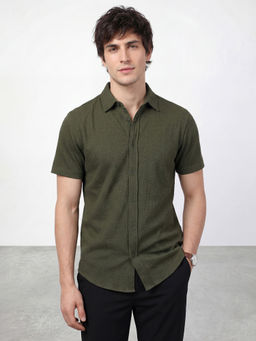 R&B - Olive Self Design Cotton Blend Regular Fit Shirt
