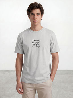 R&B - Silver Typography Cotton Regular Fit T-Shirt