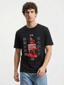 R&B - Black Graphic Cotton T-Shirt
