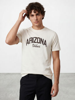 R&B - Cream Typography Cotton Regular Fit T-Shirt