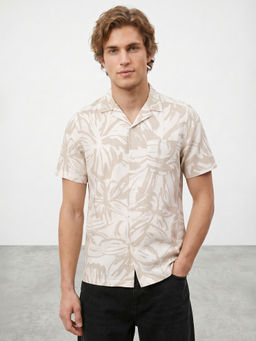 R&B - Beige Abstract Cotton Linen Regular Fit Shirt