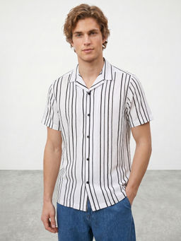R&B - Off White Stripes Cotton Linen Regular Fit Shirt