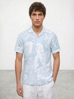 R&B - Blue Floral Cotton Linen Regular Fit Shirt