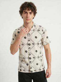 R&B - Beige Printed Cotton Linen Regular Fit Shirt