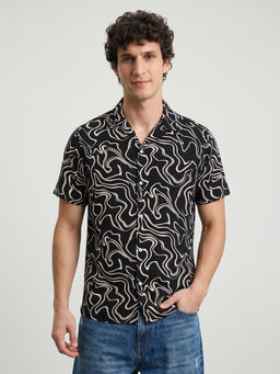 R&B - Black Abstract Viscose Regular Fit Shirt