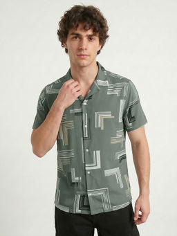 R&B - Green Printed Viscose Regular Fit Shirt