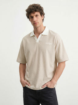 R&B - Beige Stripes Cotton Regular Fit Polo T-Shirt