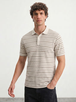 R&B - Beige Stripes Cotton Regular Fit Polo T-Shirt