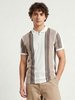 R&B - White Stripes Cotton Regular Fit Polo T-Shirt