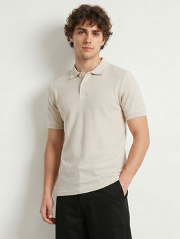 R&B - Beige Solid Cotton Regular Fit Polo T-Shirt